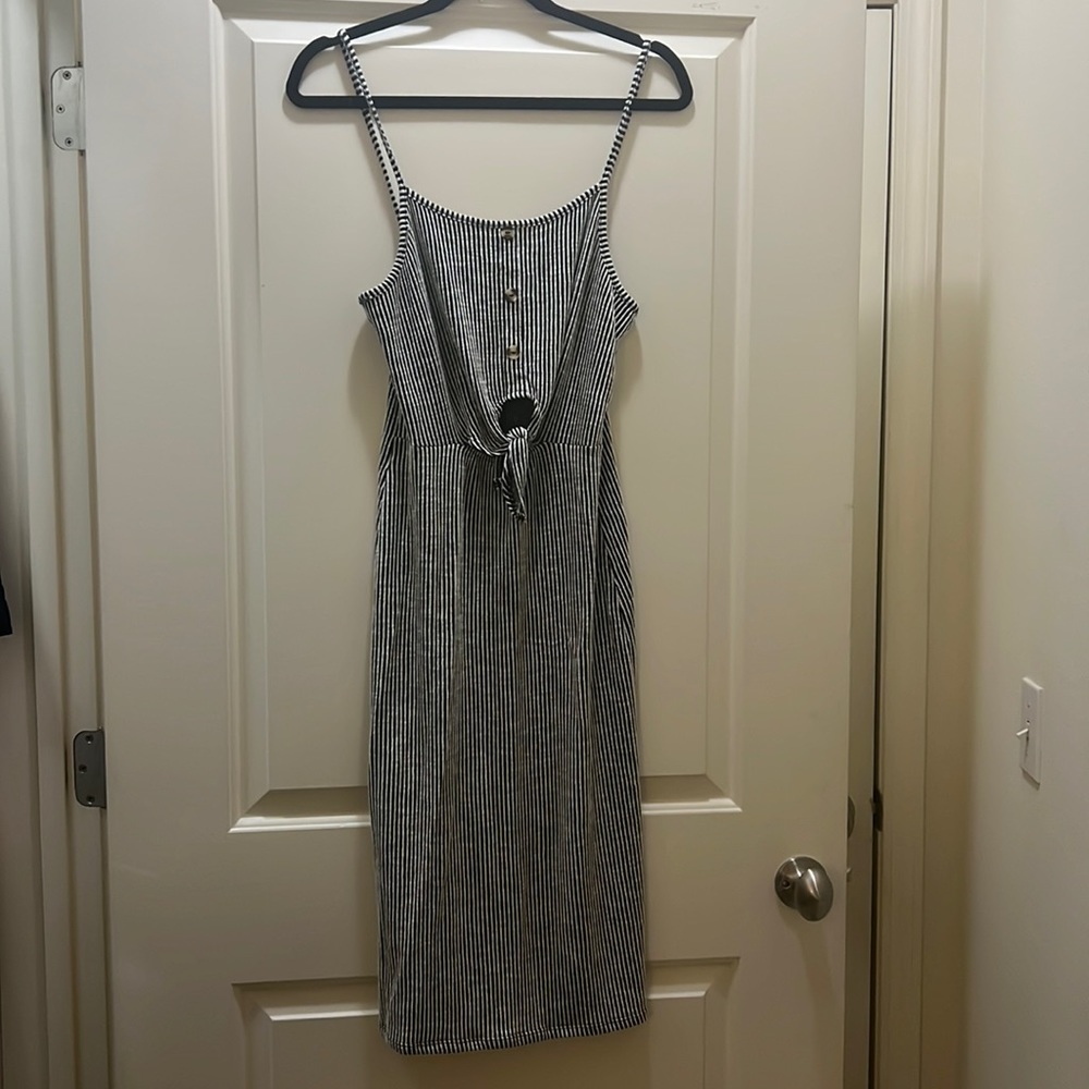 Caution to the Wind strip midi dress.